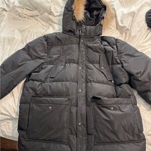 Men's Black Hooded Winter Down Jacket with Faux Fur Trim